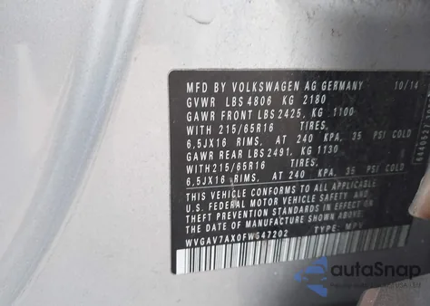 2015 Volkswagen Tiguan S из США, поврежденный, VIN WVGAV7AX0FW547202